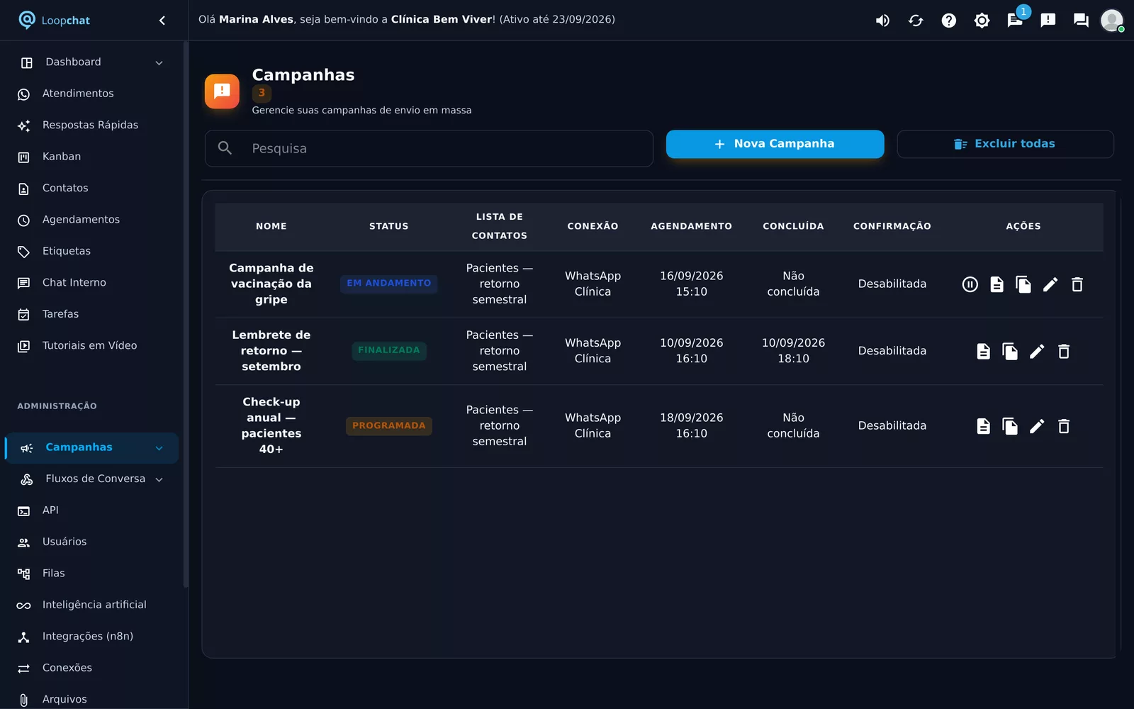 Lista de campanhas da Loopchat com status em andamento, finalizada e programada, lista de contatos e conexão usada