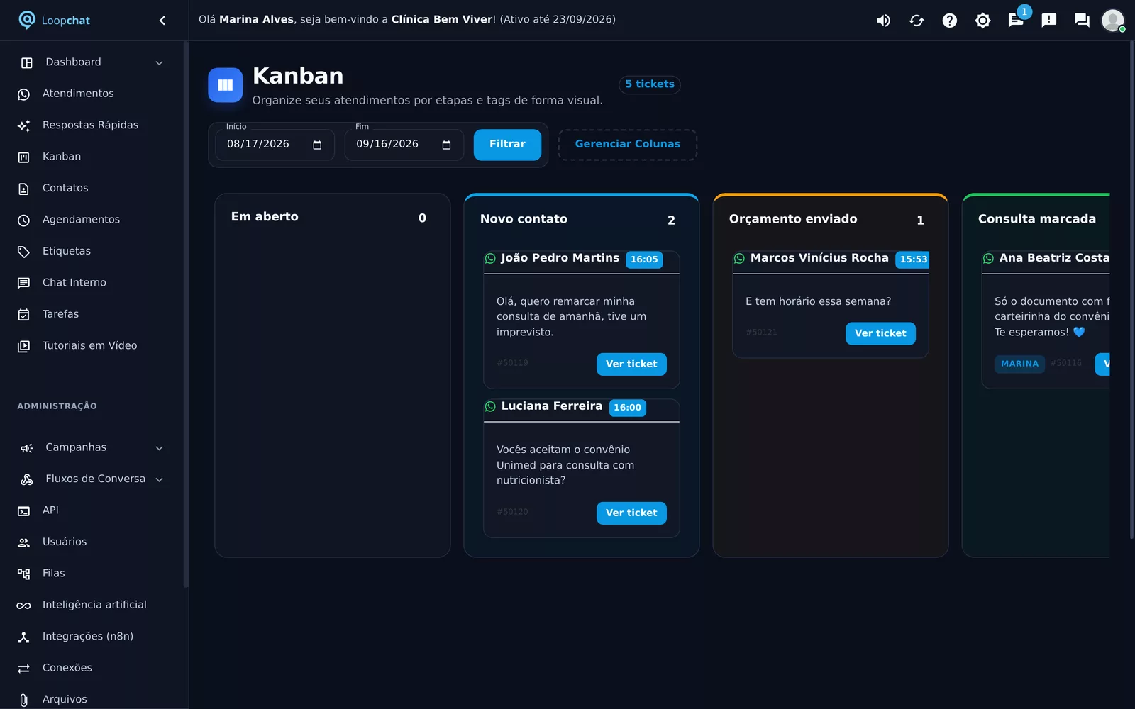 Kanban da Loopchat organizando conversas de clientes em colunas por etapa
