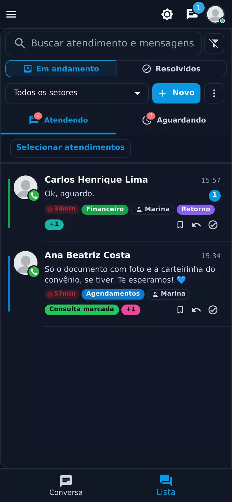 Loopchat no celular: lista de atendimentos